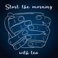 Tea time poster concept. Tea party greeting card design. Hand drawn illustration of hand holding tea cup isolated on blue backgrou Royalty Free Stock Photo