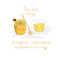 Tea time poster with cup and honey jar and bee, vector illustration. Royalty Free Stock Photo