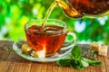 Tea time. Pouring out hot tea into a cup. Green nature background Royalty Free Stock Photo