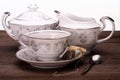 Tea time trio of teacup, creamer and sugar bowl Royalty Free Stock Photo