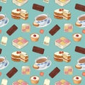 Tea time seamless digital pattern on turquoise background