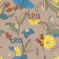 Tea time seamless pattern, brown background. Coloful vector illustration