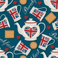 Tea Time seamless pattern. Decorative teapots and cups background. British Breakfast Vintage seamless pattern Royalty Free Stock Photo