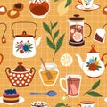 Tea time seamless pattern. Tasty breakfast sweets and desserts with hot drinks mugs and ceramic cups, sweet cakes Royalty Free Stock Photo