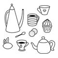 Tea Time set of tea pots, coffee cups, cakes, muffins, snacks and desserts. Coloring book for adults and children Royalty Free Stock Photo