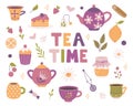 Tea time set of vector elements. Teapots, mugs, sweets in flat style. Breakfast, tea party Royalty Free Stock Photo