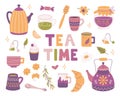 Tea time set of vector elements. Teapots, mugs, sweets in flat style. Breakfast, tea party Royalty Free Stock Photo