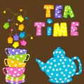 Tea time with stacked cups and kettle