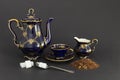 Tea time still life with beautiful cobalt blue vintage porcelain set Royalty Free Stock Photo