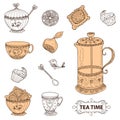 Tea time still life set, sketch, doodle, hand draw. Royalty Free Stock Photo