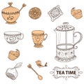 Tea time still life set, sketch, doodle, hand draw Royalty Free Stock Photo
