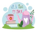 Tea time, teapot cup on books grass flower leaves cartoon