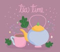 Tea time, teapot and cup, leaves decoration, kitchen ceramic drinkware, floral design cartoon