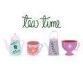 Tea time, teapot and cups with flower print kitchen ceramic drinkware, floral design cartoon