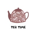 Tea time. Teapot with floral design elements. Restaurant menu or Invitation. Vector illustration