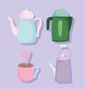 Tea time teapot kettles and cup kitchen ceramic drinkware, cartoon design