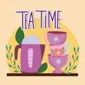 Tea time teapot and stack of cups decorative flowers and herbs Royalty Free Stock Photo