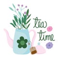 Tea time teapot and teabag flowers kitchen drinkware, floral design cartoon