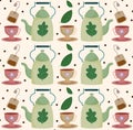 Tea time teapots teacups teabags beverage herbal leaves background