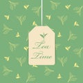 Tea time text in Tea bag on green top leaf tea pattern background vector design Royalty Free Stock Photo