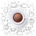 Tea time vector concept with realistic top view cup and outline icons Royalty Free Stock Photo