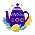 Tea time vector illustration. Teapot with floral design elements and lemon fruit. Blue teapot on the leaves and citrus background