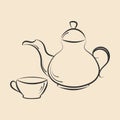 Tea time vector isolated elements. Tea pot, cup outline icons. Hand drawn ink brush line, sketch doodle style. Royalty Free Stock Photo