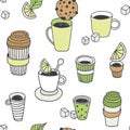 Tea time vector seamless pattern, coffee break background Royalty Free Stock Photo