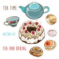 Tea time. Vector set of pastry, baking, teapot and cup.