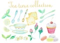 Tea time. Vintage watercolor doodle pots, cups flowers, cookies and cakes high detail collection. Watercolor set o