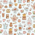 Tea time yummy seamless pattern on light blue background