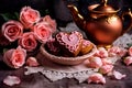 Tea in tin teapot with heart-shaped gingerbread and bouquet of roses for Valentine's Day. Dark Key. Congratulations Royalty Free Stock Photo
