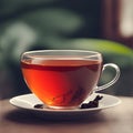 Tea to a glass cup on a wooden table with blur of green leave in background. Transparent cup of green tea on wooden table. Black Royalty Free Stock Photo