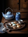 A tea tray with a tea pot, tea cups, and cookies on it. AI generative image . Korean still life. Royalty Free Stock Photo