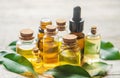 Tea tree essential oil in a small bottle. Selective focus Royalty Free Stock Photo