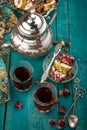 Tea and turkish delight on wooden background Royalty Free Stock Photo