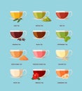 Tea types. Different drinking beverage products in glass cups tasty morning hot tea black green red rooibos garish