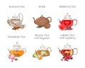 Tea types set. Kettle with hot drink