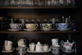 Tea utensils, coffee and beverages on the shelves