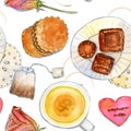 Tea watercolor seamless pattern with tea and sweets Royalty Free Stock Photo