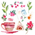 Tea watercolor sketch food teapot and cup, sweets and berries Royalty Free Stock Photo