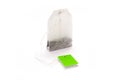 Teabag with green label. Isolated on a white Royalty Free Stock Photo