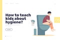 Teach kids about hygiene concept of landing page with small boy sitting in toilet pooping