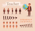 Teacher for animation. Poses front, rear, side, three quarter. Creation set. Collection of emotions. Vector. Cartoon