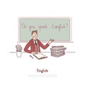 Teacher asking question, do you speak english, foreign job interview, education abroad, language course banner