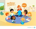 Teacher asks children questions and encourage them during morning lesson in preschool classroom. Circle-time. Pre