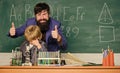 Teacher bearded man father and child test tubes. Study chemistry together. Boys only. Personal example. Chemical