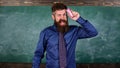 Teacher bearded man with pink stapler chalkboard background. Pin it on mind. Teaching memorization techniques. Hipster Royalty Free Stock Photo