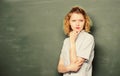 Teacher best friend of learners. Good teacher is master of simplification. Woman teacher in front of chalkboard. Teacher Royalty Free Stock Photo