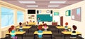 Teacher at blackboard and children at school desks in classroom. Cartoon vector illustration